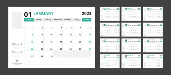 2023 calendar planner set for template corporate design week start on Sunday. - obrazy, fototapety, plakaty