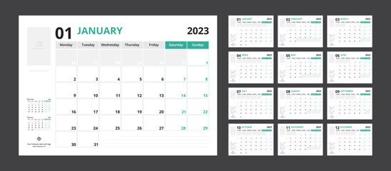 2023 calendar planner set for template corporate design week start on Monday.
