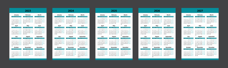 Calendar 2023, 2024, 2025, 2026, 2027. Vector calendar template design. Week start on Monday.