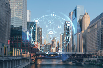 Panorama cityscape of Chicago downtown and Riverwalk, boardwalk with bridges at sunset, Illinois, USA. Social media hologram. Concept of networking and establishing new people connections