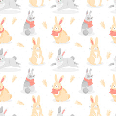 Seamless pattern with cute cartoon-style Christmas rabbits with carrot gingerbread cookies and snowflakes on white background. Vector illustration background.