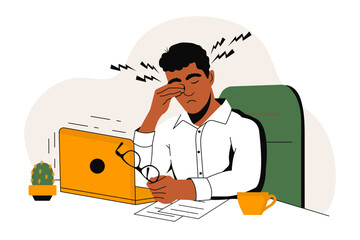 Young african american guy is working on a Laptop. Tired character. Concept of Eye Health while Working at the computer. Flat graphics, vector illustration.