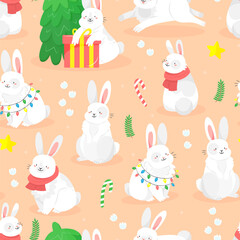 Seamless pattern with cute cartoon-style Christmas rabbits with gifts, lollipops, christmas tree and fir branches. Vector new year illustration background.