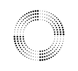 Dot circle speed lines for emblem, design and comic book. Abstract round geometric shape. Halftone graphic striped texture. Circular motion lines. Vector illustration isolated on white background.