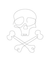 Death head one line symbol.. Halloween one line skull with bones element. Outline Jolly Roger.
