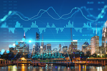 Obraz na płótnie Canvas Downtown skyscrapers city view, Chicago skyline panorama over Lake Michigan, harbor area, night time, Illinois, USA. Forex graph hologram. Concept of internet trading, brokerage, fundamental analysis