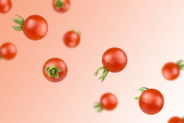 Levitation of cherry tomatoes on red background.