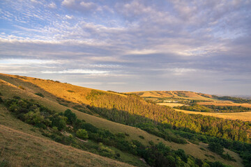 Morning golden hour on the south downs hills of Butts Brow near Eastbourne East Sussex south east...