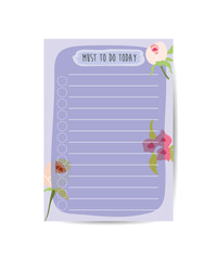 Daily planner template in floral style Vector design for a diary.