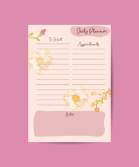 Daily planner template.Blank printable vertical notebook page with space for notes and goals.