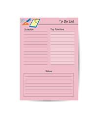 Page templates for daily plans. To-do lists, checklists, notes, schedules, paper design plans for notebooks. Flat vector illustration isolated on a pink background