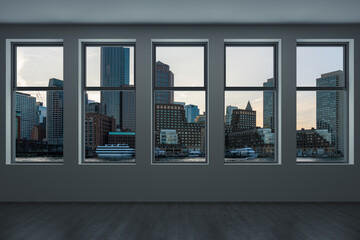 Panoramic picturesque city view of Boston at sunset time from modern empty room interior, Massachusetts. An intellectual, technological and political center. 3d rendering.