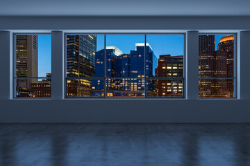 Panoramic picturesque city view of Boston at night time from modern empty room interior, Massachusetts. An intellectual, technological and political center. Night 3d rendering.
