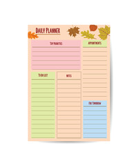 Daily Planner Template Organizer and Schedule with place for Notes Goals and To Do List Template design with autumn leaves