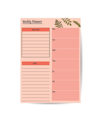 Creative planner on pink background. Stylish fashion organizer and schedule. Vector illustration
