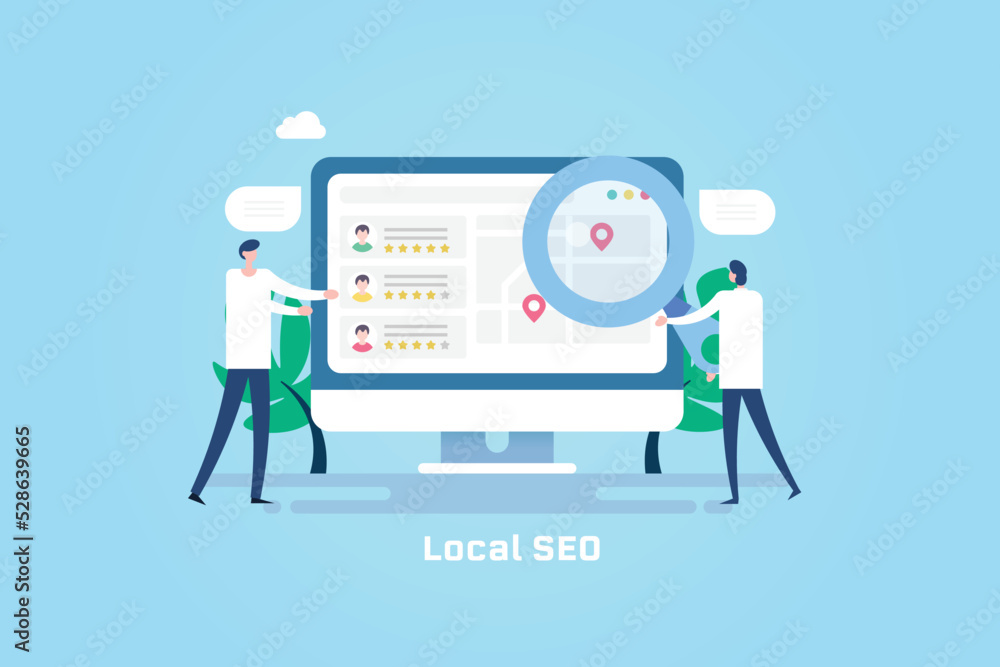 Poster team of seo professional optimizing local business listing and reviews for search engine.