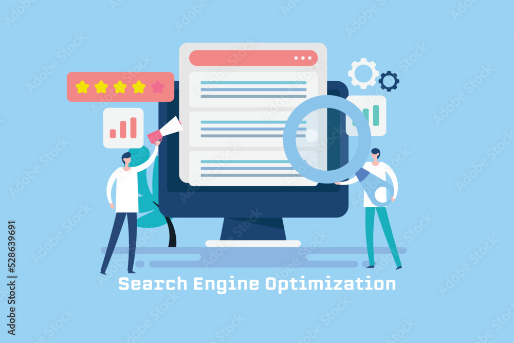 Poster seo team using digital content marketing strategy for search engine optimization, web banner illustr
