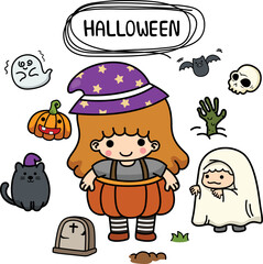 illustration isolated set cartoon halloween girl