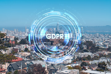 Panoramic view of San Francisco skyline at daytime from hill side. Financial District, residential neighborhoods. GDPR hologram, concept of data protection regulation and privacy for all individuals