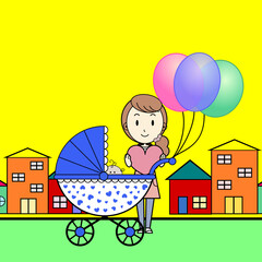 happy woman with balloons and baby in stroller