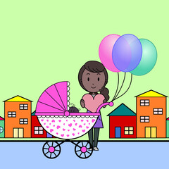 happy black woman with balloons and child with a stroller