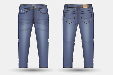 Denim Pant design template. Denim long pant Technical Fashion Illustration. Denim pant technical sketch for pant design and mockup
