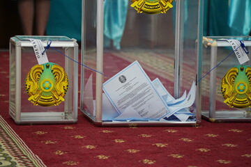 Almaty, Kazakhstan - 06.05.2022 : A ballot box for collecting ballots during voting at a polling...