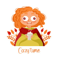 Cozy time. The red-haired girl is insanely happy about autumn, she drinks coffee with marshmallows. Autumn leaves and berries, warm clothes, sweater and scarf. For posters, postcards, banners, fabric