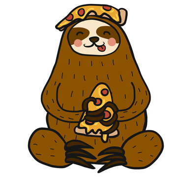 Sloth eat pizza cartoon illustration	

