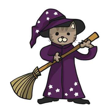 Cat witch with broom cartoon illustration