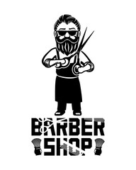 Barber in sunglasses and with scissors in his hands on a white background.