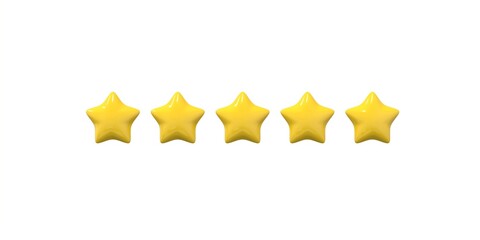 3D five yellow glossy stars for review product. Customer rating feedback concept from the client about employee of website. Successful work highest score of five points. 3d rendering illustration.