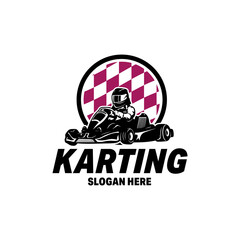 Kart Racing Emblems Logo Vector illustration. Kart racer with helmet logo design template - obrazy, fototapety, plakaty