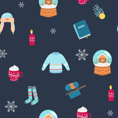 Vector seamless flat pattern with icons sweatr, glass ball, snowflakes, candle, hat, book, cup of Happy New Year and Christmas Day