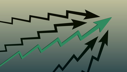 Upward trend green arrow with few dark arrows on gray background. Market or economy growth symbol. Vector.