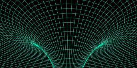Wireframe abstract green tunnel. 3D tunnel grid. Futuristic 3d portal. Network cyber technology. Vector illustration.