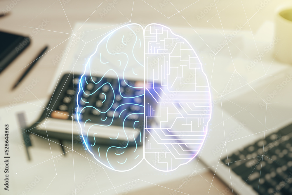 Poster double exposure of creative artificial intelligence interface on blurry calculator with laptop backg