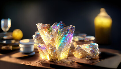 Realistic quartz color cristals on a dark background with light source - obrazy, fototapety, plakaty
