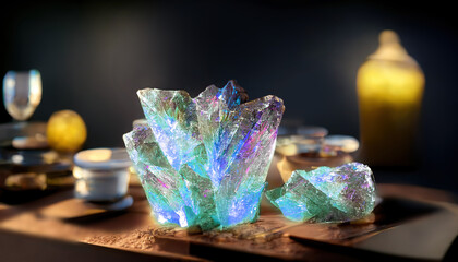 Realistic quartz blue cristals on a dark background with light source