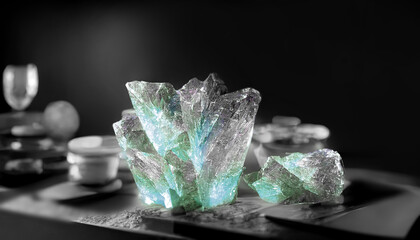 Realistic quartz  blue green aquamarine cristals on a dark background with light source