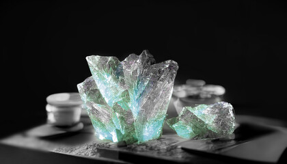 Realistic quartz blue green aquamarine  cristals on a dark background with light source