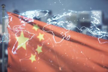 Double exposure of abstract digital world map hologram on Chinese flag and city background, big data and blockchain concept