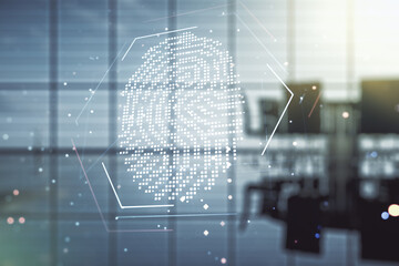Abstract virtual fingerprint hologram on a modern conference room background. Multiexposure