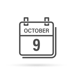 October 9, Calendar icon with shadow. Day, month. Flat vector illustration.
