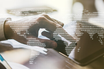 Double exposure of abstract digital world map and finger clicks on a digital tablet on background, research and strategy concept