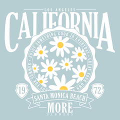 varsity typography with daisy flowers illustration.California slogan for t-shirt print - obrazy, fototapety, plakaty