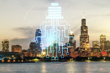 Virtual creative light bulb illustration with microcircuit on Chicago cityscape background, future technology concept. Multiexposure