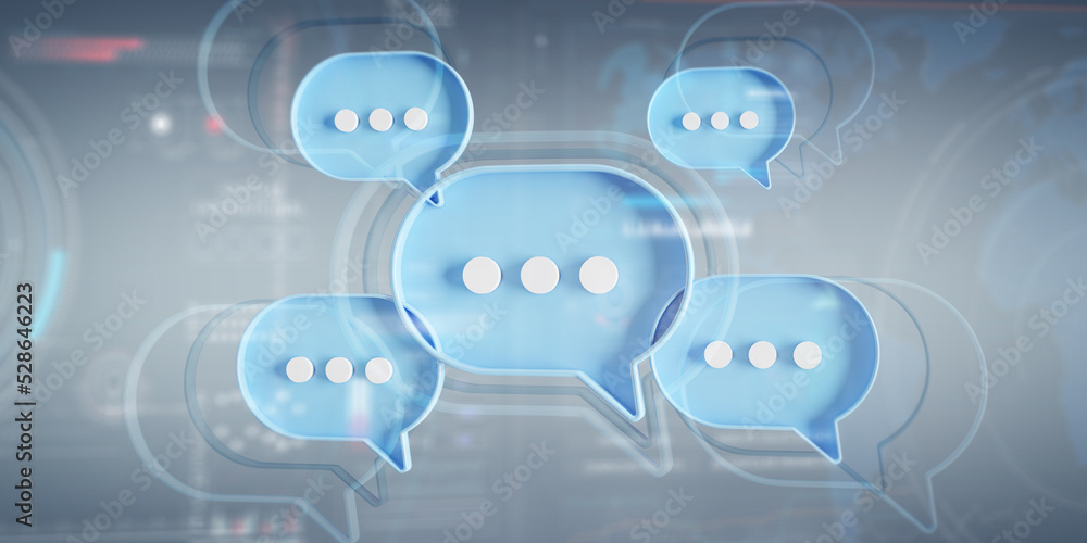 Wall mural minimalist blue and white speech bubbles talk icons floating over grey background. modern conversati