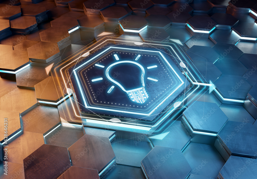 Aufkleber Lightbulb icon creativity concept engraved on metal hexagonal pedestral background. Innovation symbol glowing on abstract digital surface. 3d rendering