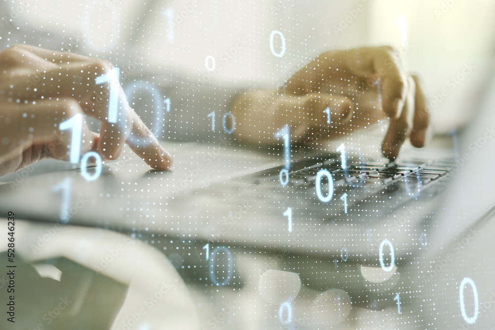Aufkleber creative abstract binary code sketch and hands typing on computer keyboard on background, hacking an
